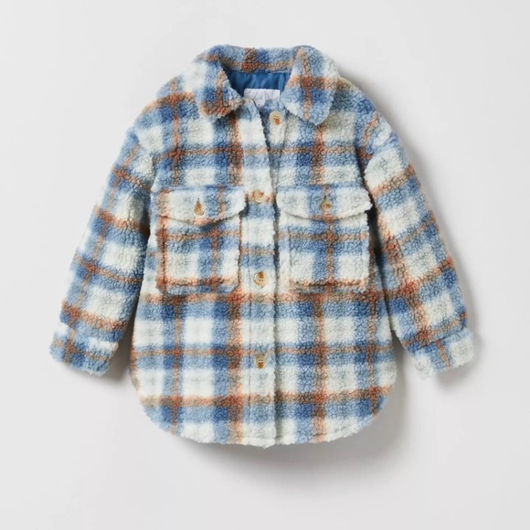 Zara Other - Zara Kids Plaid Fleece Overshirt Blue/Brown Thick Jacket 10y